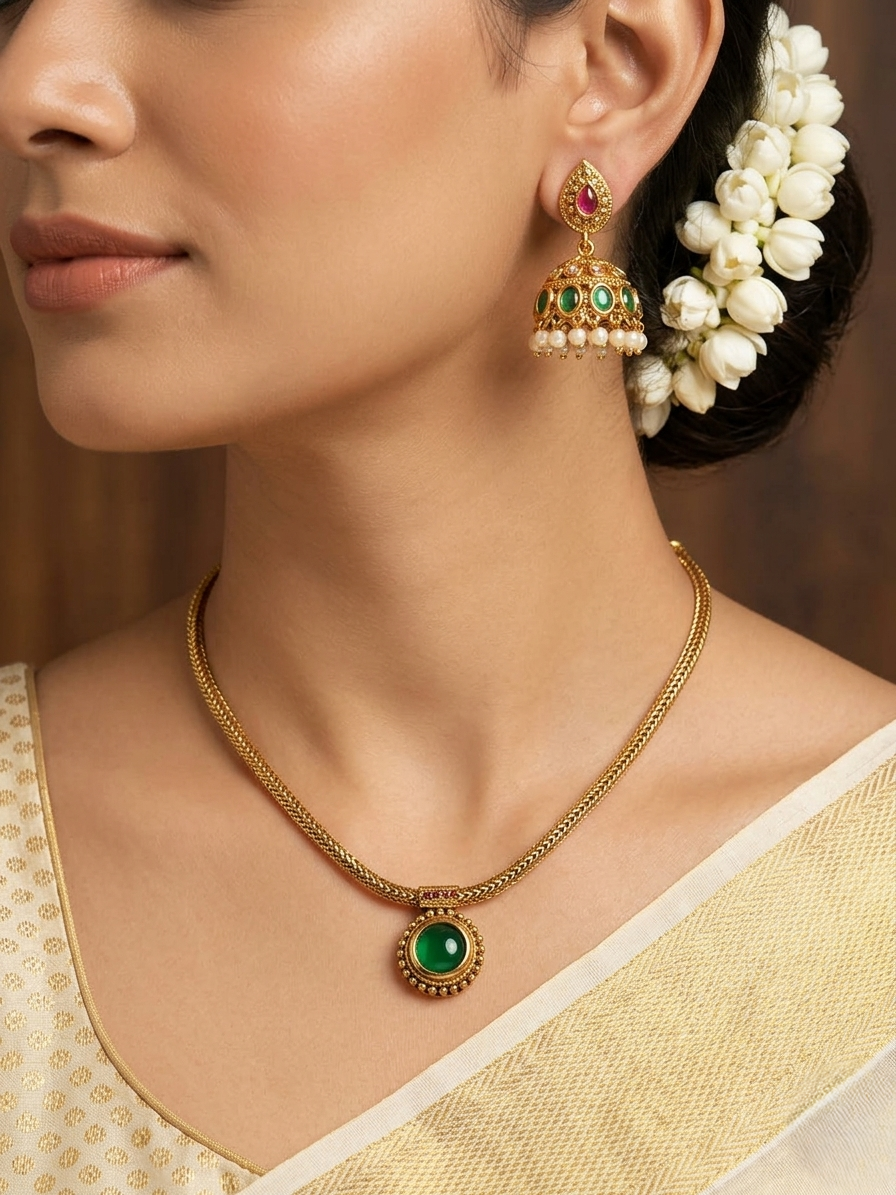 Traditional Green Stone Pendant with Jhumka