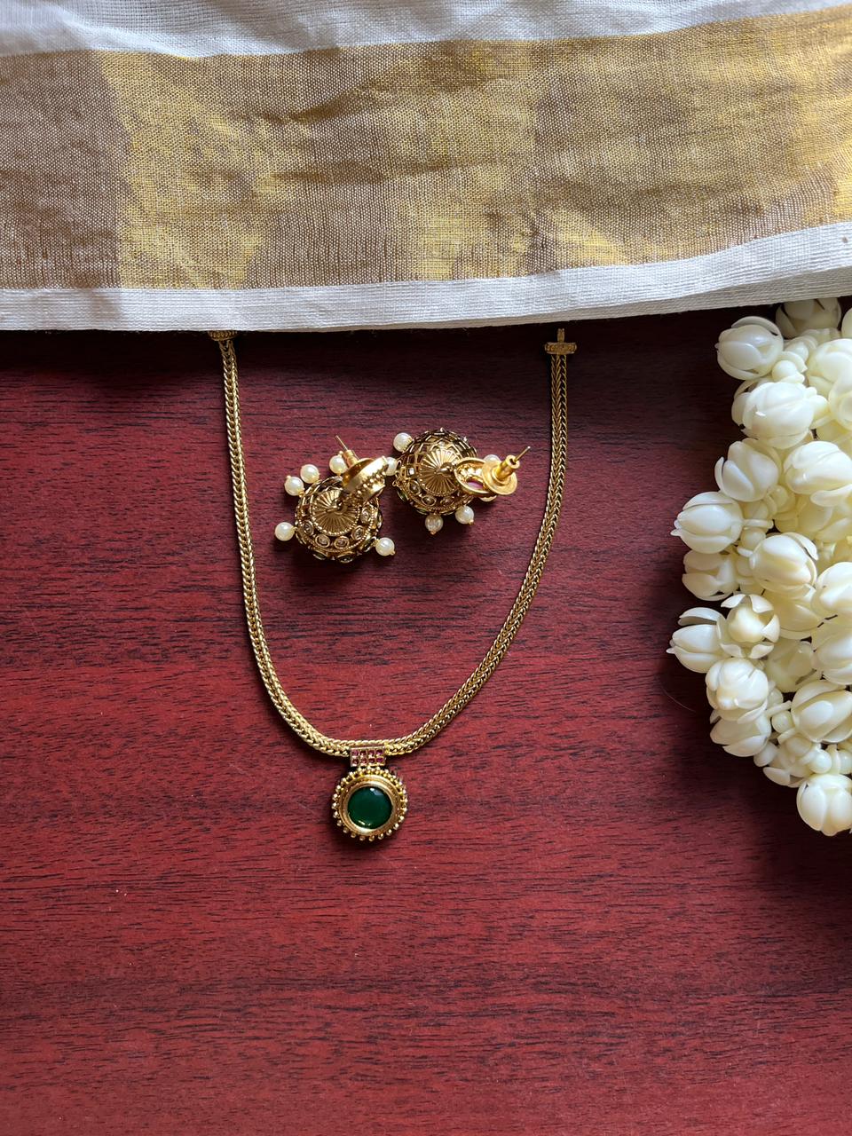 Traditional Green Stone Pendant with Jhumka